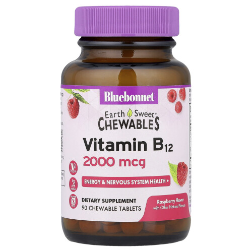 Bluebonnet Nutrition, Earth Sweet Chewables, Βιταμίνη B12, Raspberry , 2,000 mcg, 90 Chewable Tablets 1