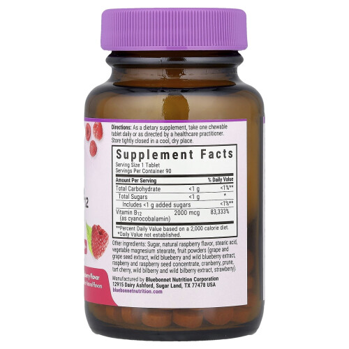 Bluebonnet Nutrition, Earth Sweet Chewables, Βιταμίνη B12, Raspberry , 2,000 mcg, 90 Chewable Tablets 2