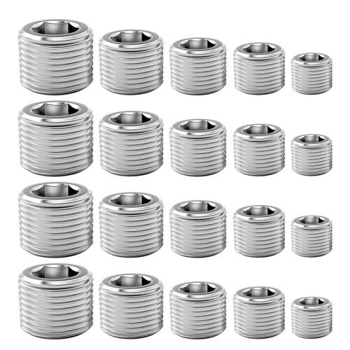 20 Pcs Pipe Plug Fitting,1/8 1/4 3/8 1/2 3/4In NPT Male Internal Hex Thread Socket Pipe Plug Fitting Assortment Kit,B