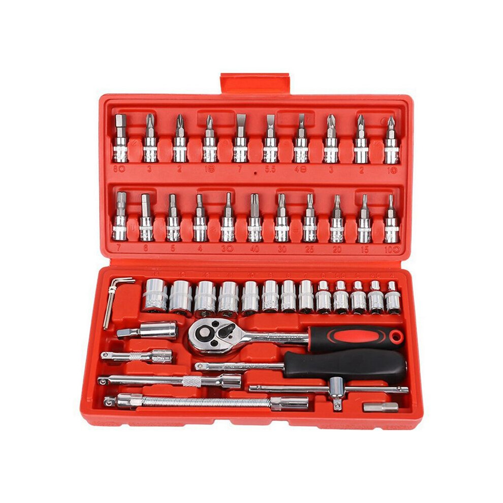 46 Piece/Set Of Car Repair Tool Kit Socket Set Car Repair Tool Ratchet Torque Wrench Combo Auto Repairing Tool Set Red 4714271425924