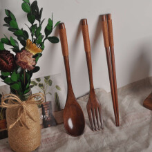 Wooden Flatware Set, Wooden Portable Set Spoon Fork Chopsticks Tableware Dinnerware with Khaki Twining Thread
