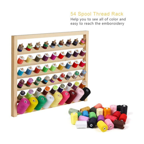54 Spool Sewing Thread Stand, Wall Mount Sewing Thread Stand with Hook, Wooden Embroidery Organizer for Sewing 1