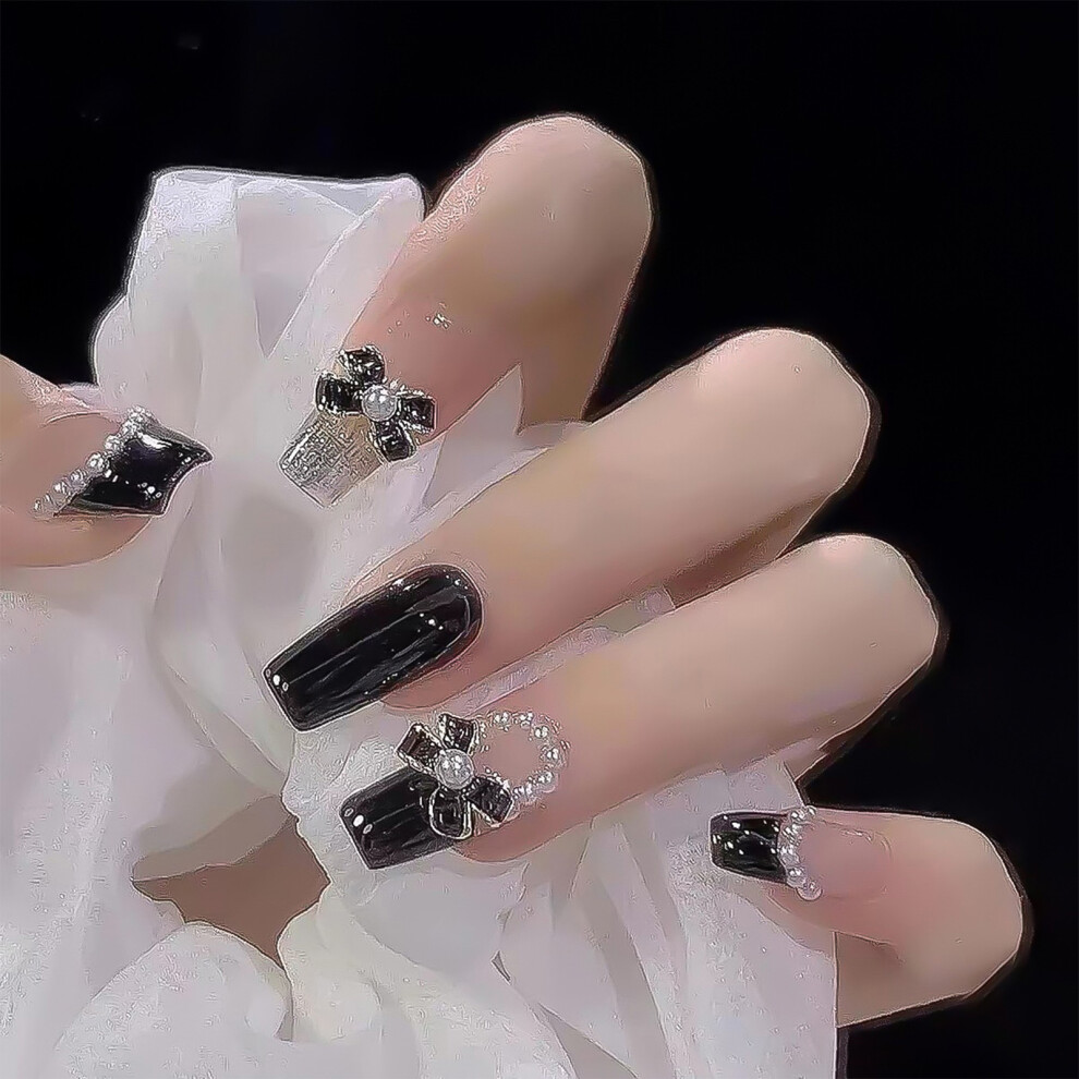 Penghui-Toys Black Bowknot Coffin Fake Nails Ins Trendy Women Artificial Nails For Professional Nail Art Salon