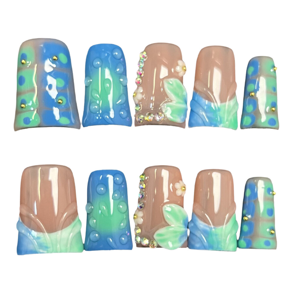 Dachuang Beauty (S) 10Pcs Glossy Nude&Blue Press On Nails For Women
