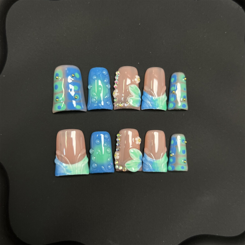 Dachuang Beauty (L) 10Pcs Glossy Nude&Blue Press On Nails For Women