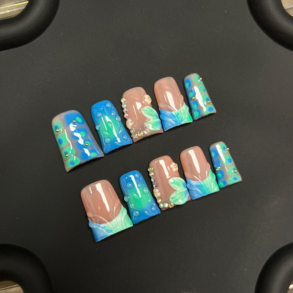 Dachuang Beauty (M) 10Pcs Glossy Nude&Blue Press On Nails For Women