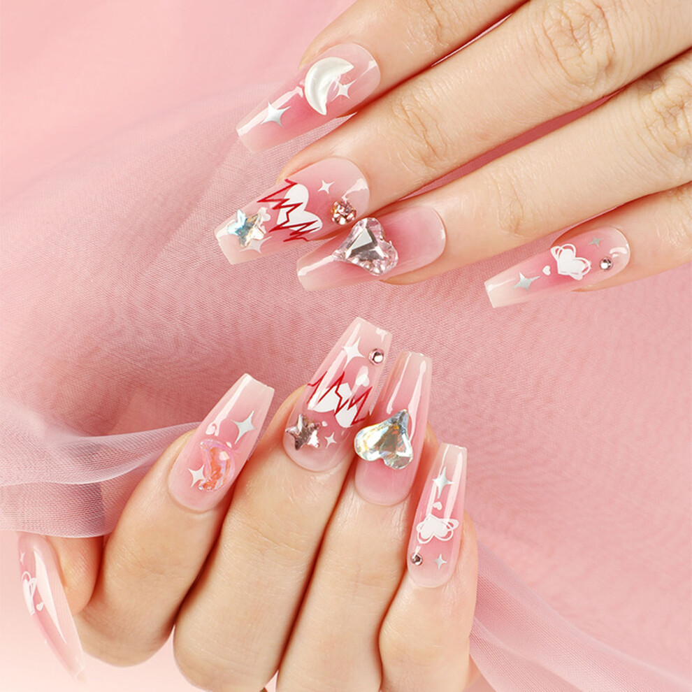 Hue-Grain Pink Rhinestone False Nails For Girls
