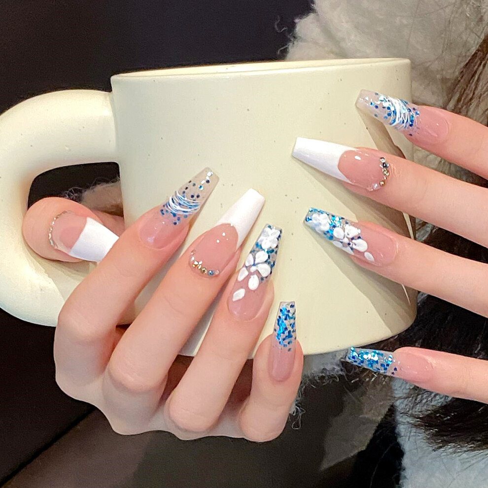 Dachuang Beauty (Xs) Blue Glitter Fake Nails - Reusable & Charming