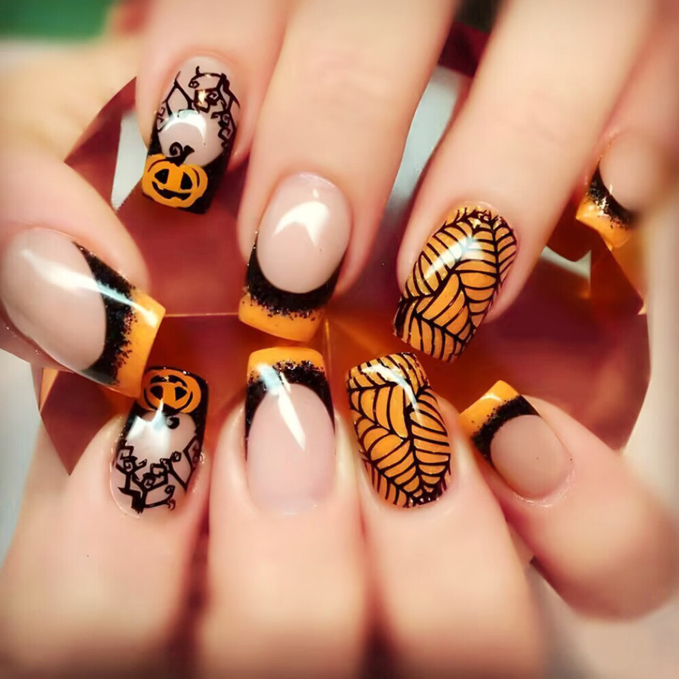 Dachuang Beauty Halloween Orange Square Fake Nails - Long Lasting
