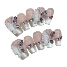 (XS) Butterfly Glossy Pink False Nails, No Smell, Eco-Friendly