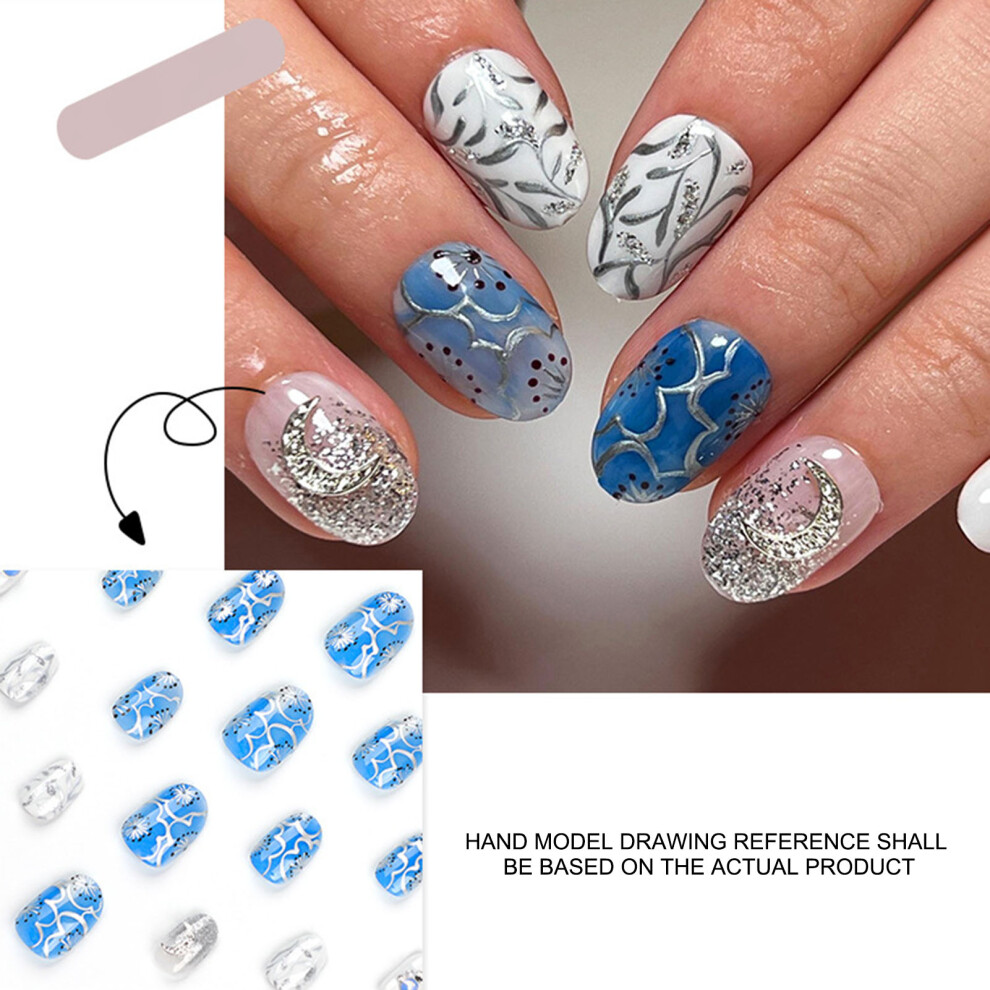 Dachuang Beauty Blue,White Blue & White Almond Fake Nails For Women