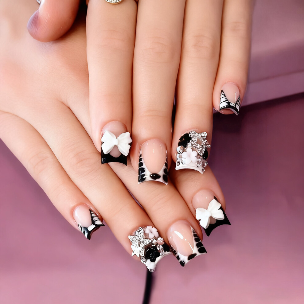 Dachuang Beauty White,Black 24Pcs Floral French Press On Nails - Black White Design