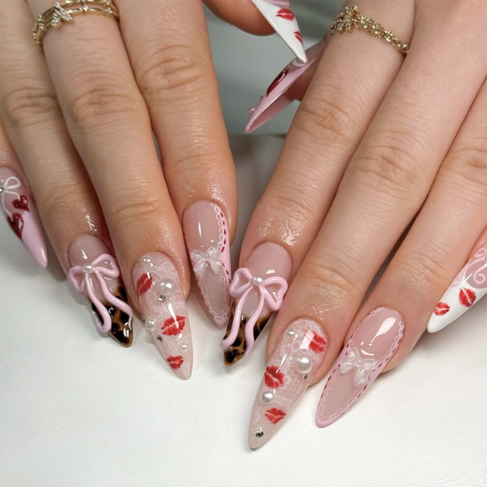 Dcph-Clothing 24Pcs Leopard Print Press On Nails With Bowknot