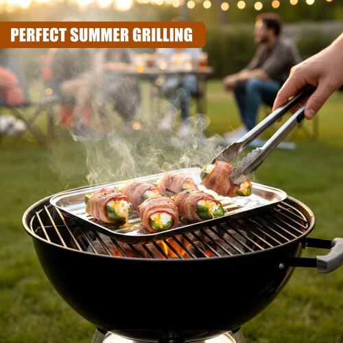 GEEZY GEEZY Stainless Steel BBQ Grill Tray Rectangular Metal Basket Cooking Accessories 34cm 1