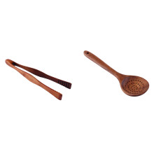 BBQ Tools 26.5cm Wooden Health and Environmental Protection Grilled Food Clip with Teak Wood Spoon Long Handle Spoon