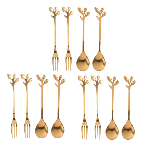 Tableware Gold Leaf Coffee Spoon Fork,12 Pack(6 Spoons 6 Forks) 4.7 Inches Tea Spoon Set 1