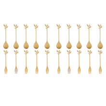 10Spoon+10Forks Stainless Steel Leaf Coffee Cake Spoon Fork Dessert Spoons, Stirring Teaspoon Set Golden