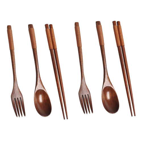 2X Wooden Flatware Set, Wooden Portable Set Spoon Fork Chopsticks Tableware Dinnerware with Khaki Twining Thread