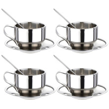 Insulated Coffee Cup Set-Double Walled Espresso Cups Latte Cappuccino Tea Cup with Saucer and Spoon 125Ml (Set of 4)
