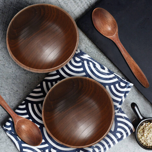 8 Pieces Wooden Handmade Bowl and Spoon for For Rice Miso Serving Home Kitchen Tableware 1