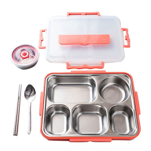 2X 5 Compartments Lunch Box Stainless Steel Leak-Proof Large Bento Boxes Soup Container School Dinnerware() 1