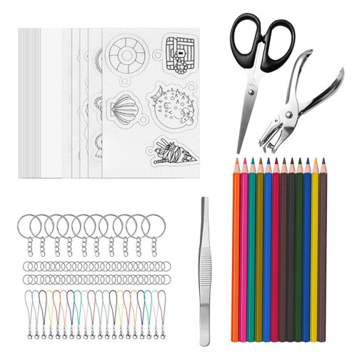 165 PCS Shrink Plastic Kit - 15 Shrink Plastic Films, 5 Patterned Sheets, 12 Colored Pencils, 130 Keychain Accessories