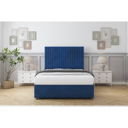 (4'6 Double, Navy) Sloomy Manhattan Plush Divan Bed Base 2 Drawers Same Side With 26" Strutted Headboard 1