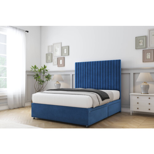 (3' Single, Navy) Sloomy Manhattan Plush Divan Bed Base 2 Drawers Same Side With 26" Strutted Headboard 2