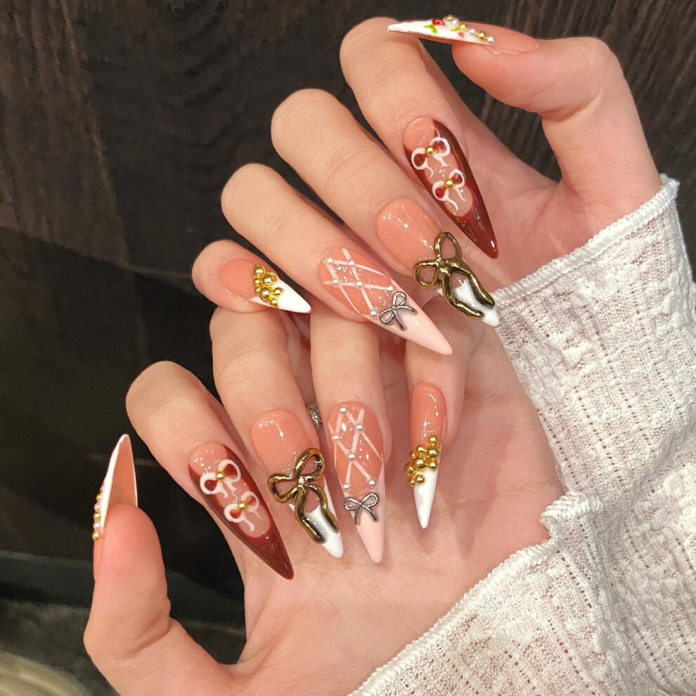 Dachuang Beauty (Xs) Flower Print French Fake Nails - Easy Glossy Wear