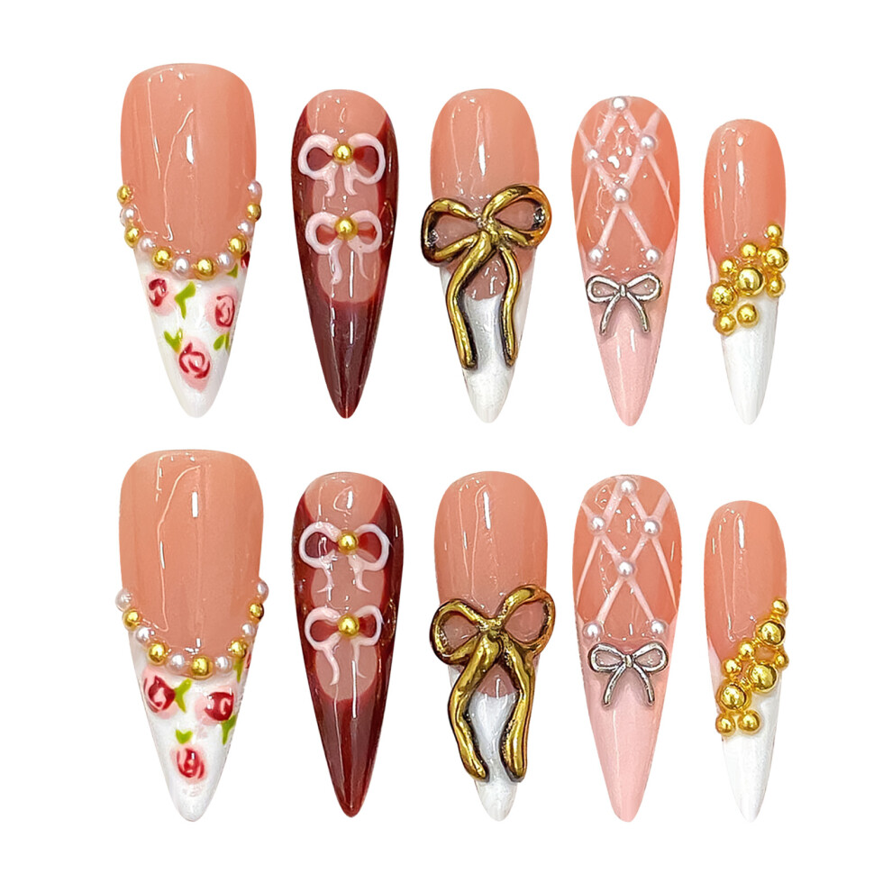 Dachuang Beauty (L) Flower Print French Fake Nails - Easy Glossy Wear