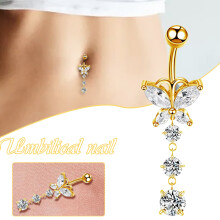 (Gold, Butterfly) Butterfly Dangle Navel Rings - Stainless Steel