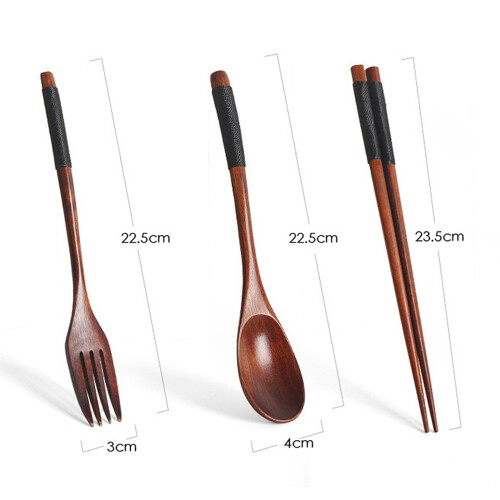 2X Wooden Flatware Set, Wooden Portable Set Chopsticks Spoon Fork Tableware Dinnerware with Black Twining Thread 1