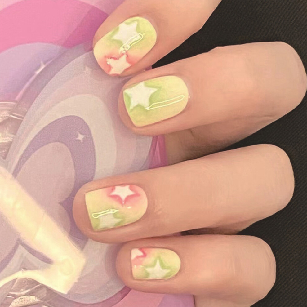 Dachuang Beauty Pink/Green (Glue Models) Fake Square Nails Natural Unbreakable