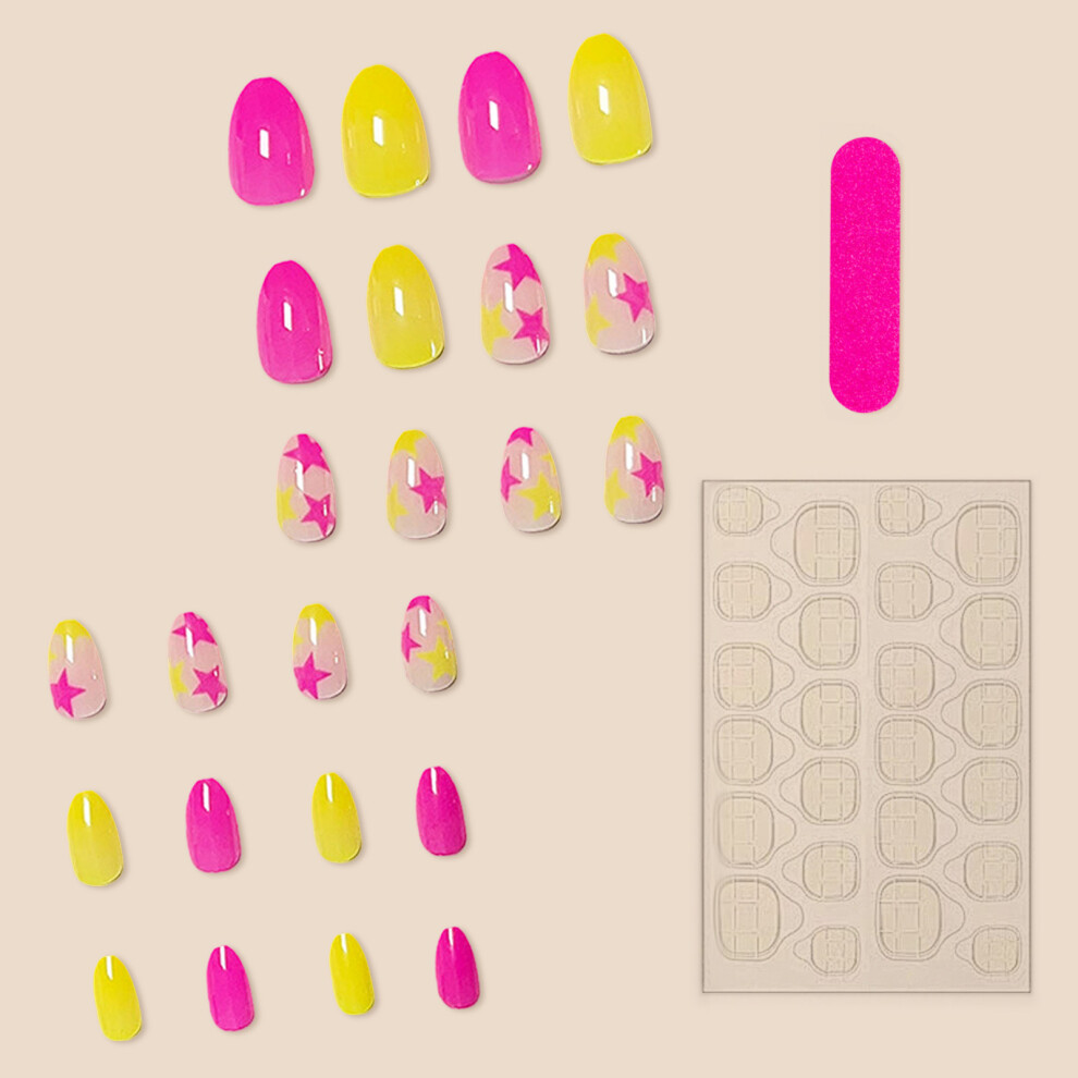 Dachuang Beauty Pink Star Printed Fake Nails - & Yellow