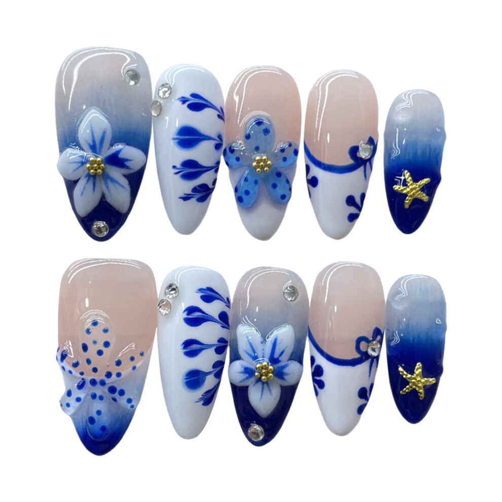 Penghui-Toys (Xs) Flower Printed Glossy False Nails - 10Pcs