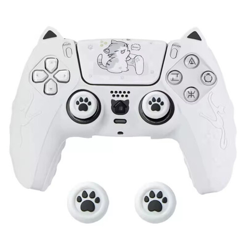 Silicone Cartoon Theme Cat Ear Handle Protective Cover for PS5 Controller Protective Cover with Joystick Cap White