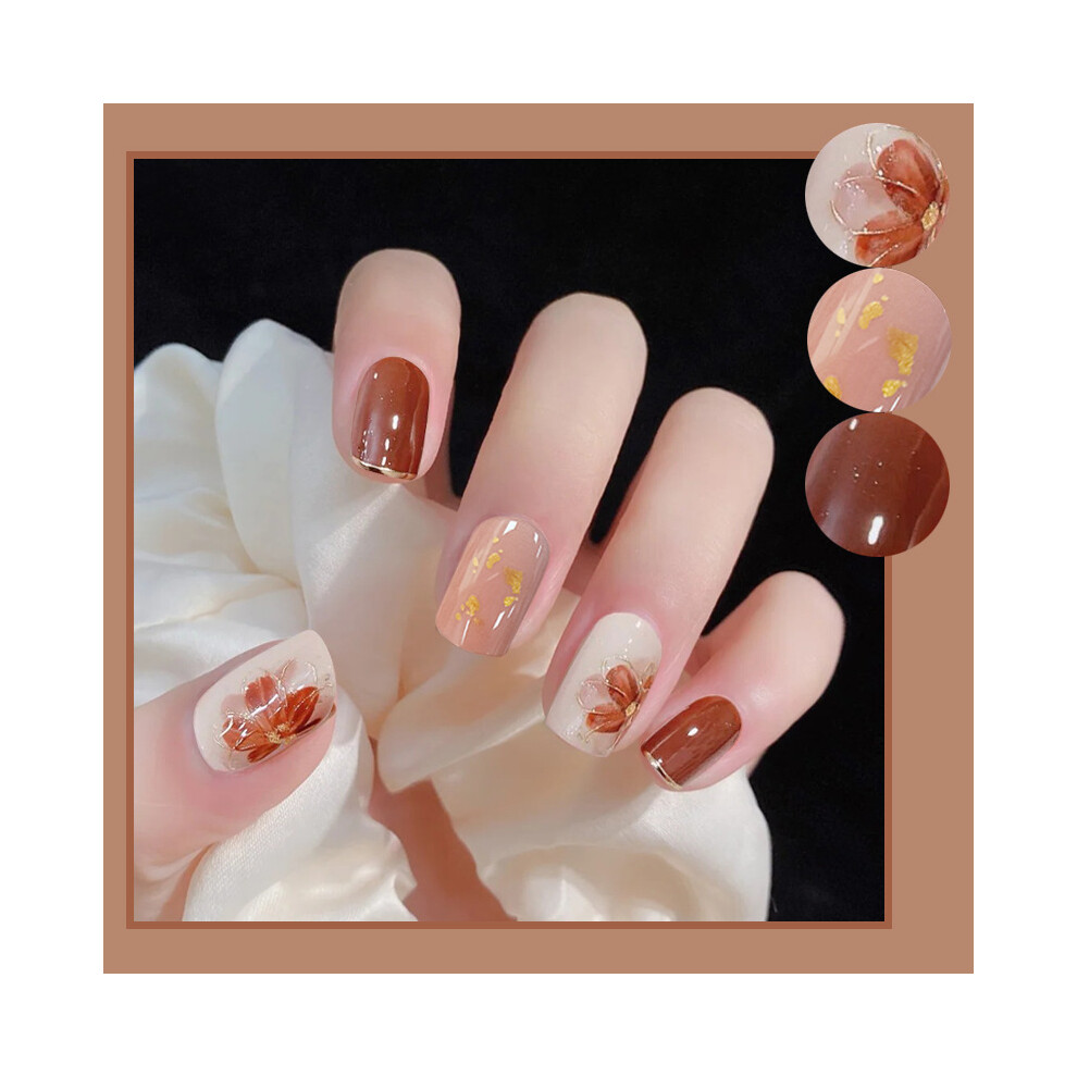 Roc-Electron Brown 24Pcs Floral Fake Nails - Short Square Glue-On