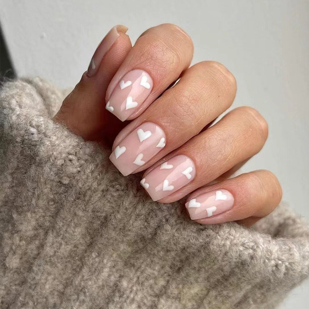 Hue-Grain (Standard) Pink Fake Nails, Heart Pattern, Durable & Safe