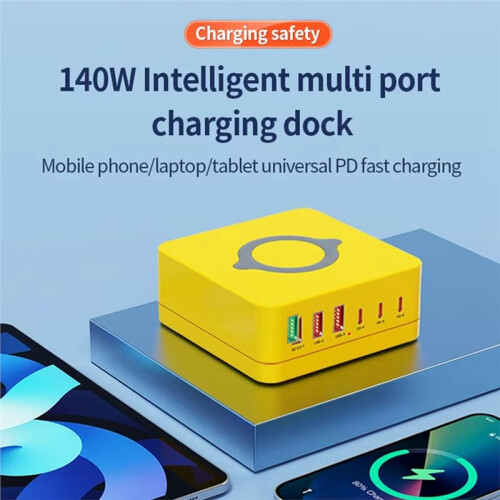 140W Charging Station with Retractable USB-C Cable Fast Charger for Tablet PC Phones Multiple Devices EU Plug