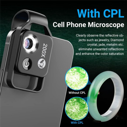 200X Phone  Pocket Microscope with LED Light/Universal Clip, Portable Digital Microscope Camera (Black, with CPL) 2