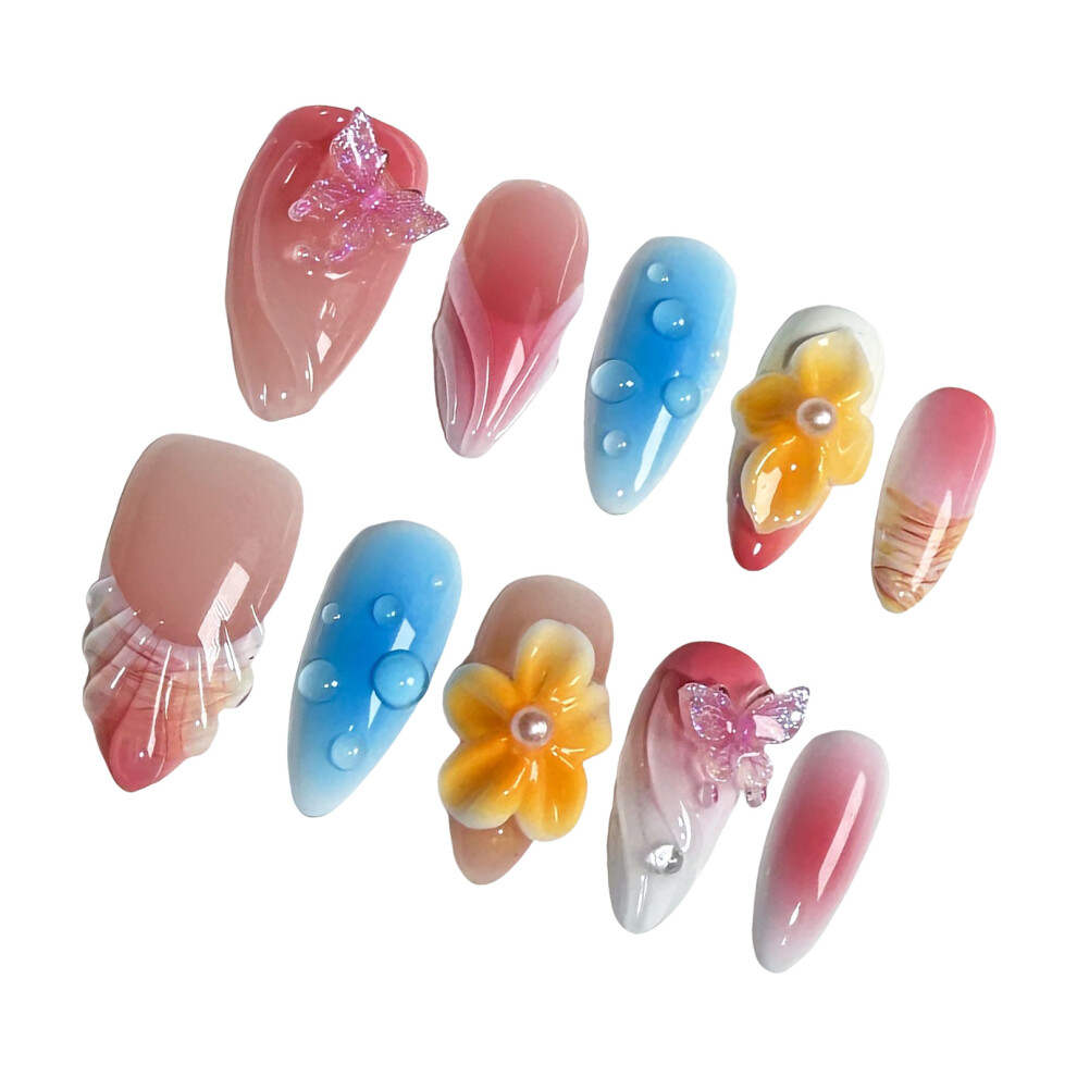Dachuang Beauty Blue,Pink (L) Flower Decor Pink Blue Almond Fake Nails