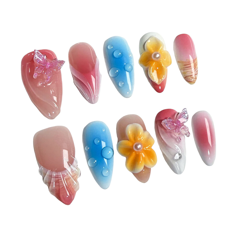 Dachuang Beauty Blue,Pink (S) Flower Decor Pink Blue Almond Fake Nails
