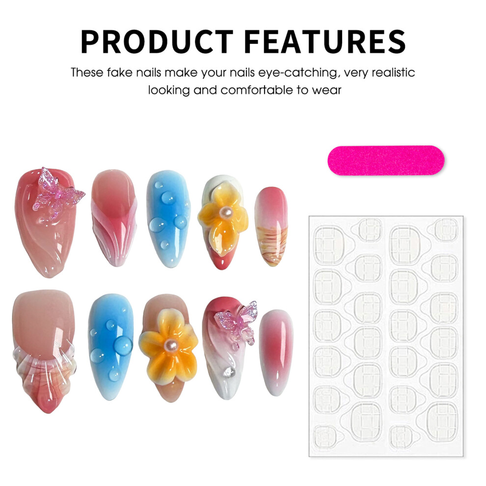 Dachuang Beauty Blue,Pink (Xs) Flower Decor Pink Blue Almond Fake Nails