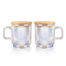 2Pc Glass Coffee Cup with Lid Glass Coffee Mugs Ribbed Coffee Glasses with Handle for Latte Cappuccino Tea Milk A