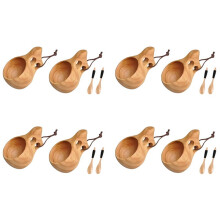 8Pack Nordic Style Wooden Cup Kuksa Cup Portable Outdoor Camping Drinking Mug Wooden Coffee Cup with Wooden Spoon