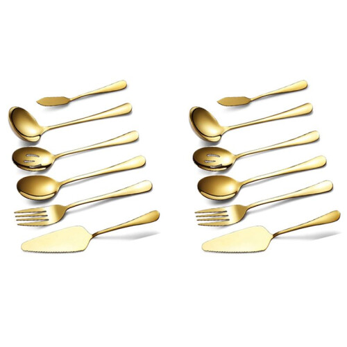 12-Piece Serving Flatware Silverware Set, Serving Utensil Set,Include Cake Server, Slotted Serving Spoon Gold