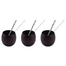 3X Ensemble de Thé En Bois Yerba Gourd Mate à la Main En Bois Naturel Café Tasse à Eau Mate avec Cuillère Paille Bombilla Brosse 200 Ml (Profond)