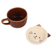 Ceramic Coffee Mugs with Lid Cute Cat Porcelain Cup Family Breakfast Milk Juice Cup Beverage(Brown)