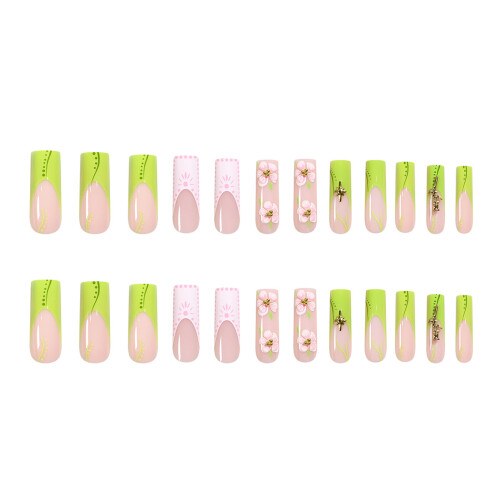 Nude False Nails with Green Pink Tip 1