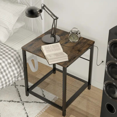 2-Tier End Table Nightstand with Storage Shelf - Rustic Brown+Black 2